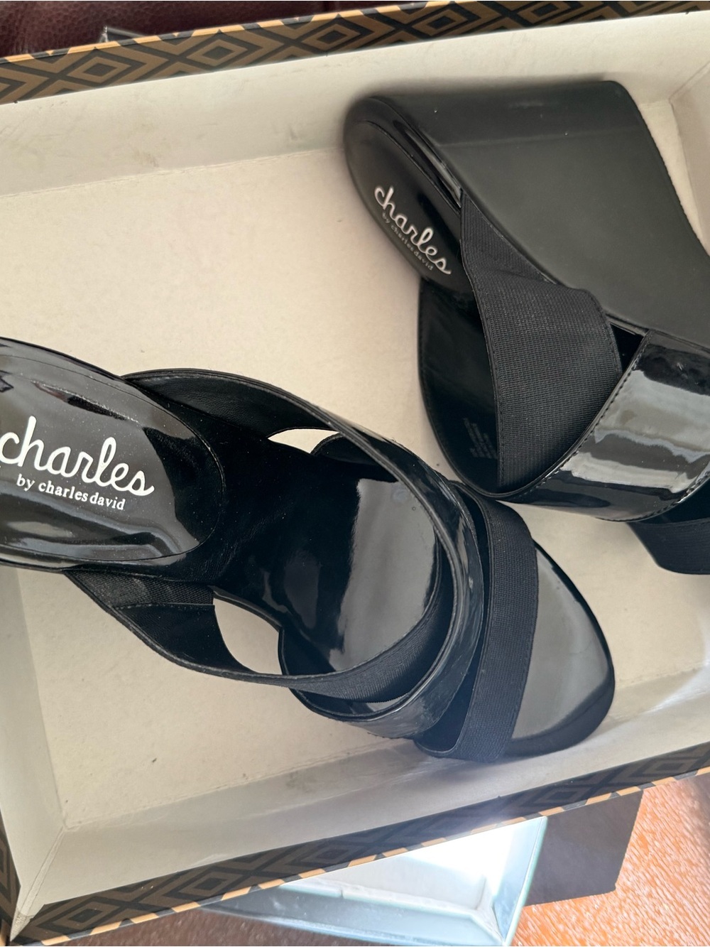 Charles by Charles David Black Patent Wedge Sandals with Elastic Straps